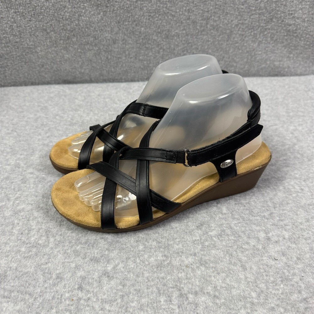 Bass Womens Black Strappy Wedge Sandals Open Toe Hook & Loop Size 8
